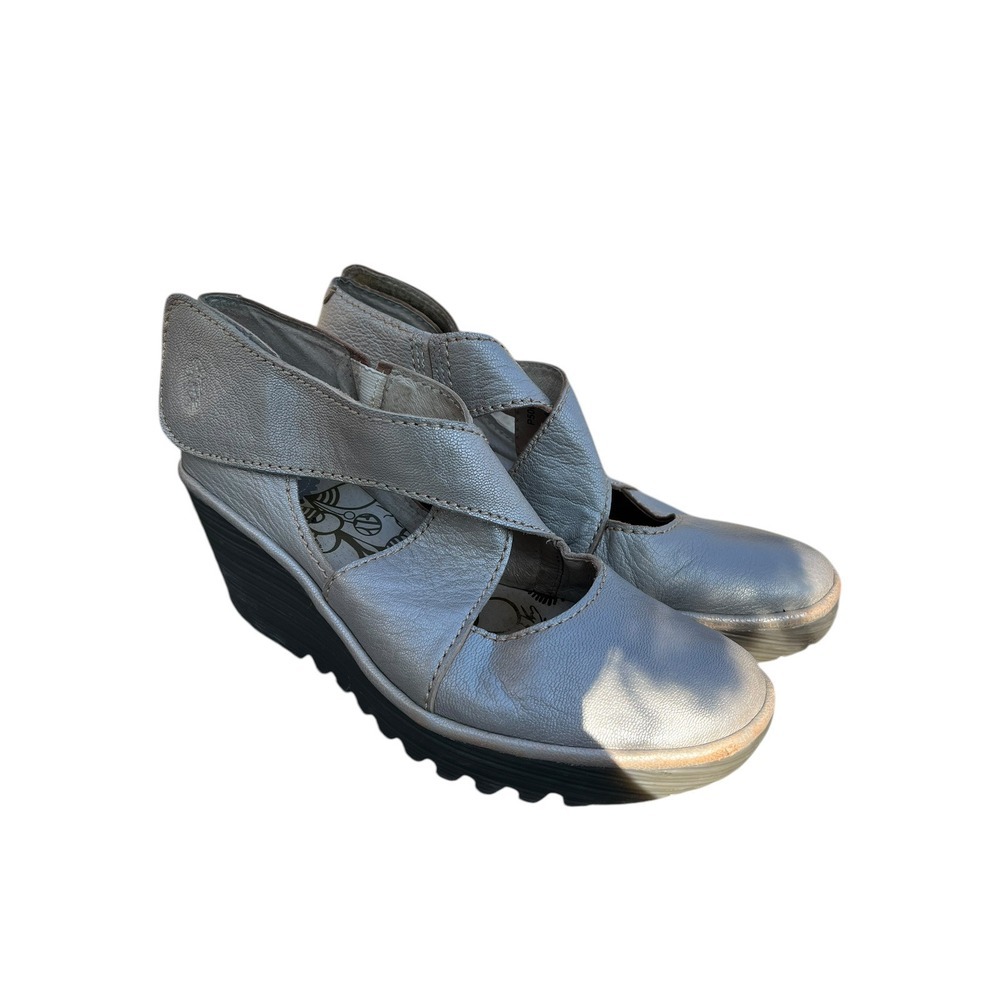 Fly London Yogo Crossover Leather  Shoes Wedge Lagenlook Boho Silver, Size 41‎